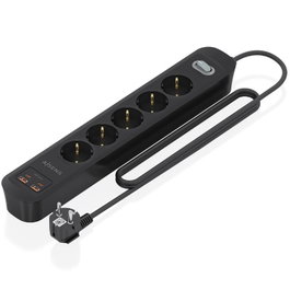 Aisens Regleta con Interruptor Aisens ASPS-2A2C15-BK con 5 Tomas de Corriente y 2 USB-C/2 USB-A, Negro